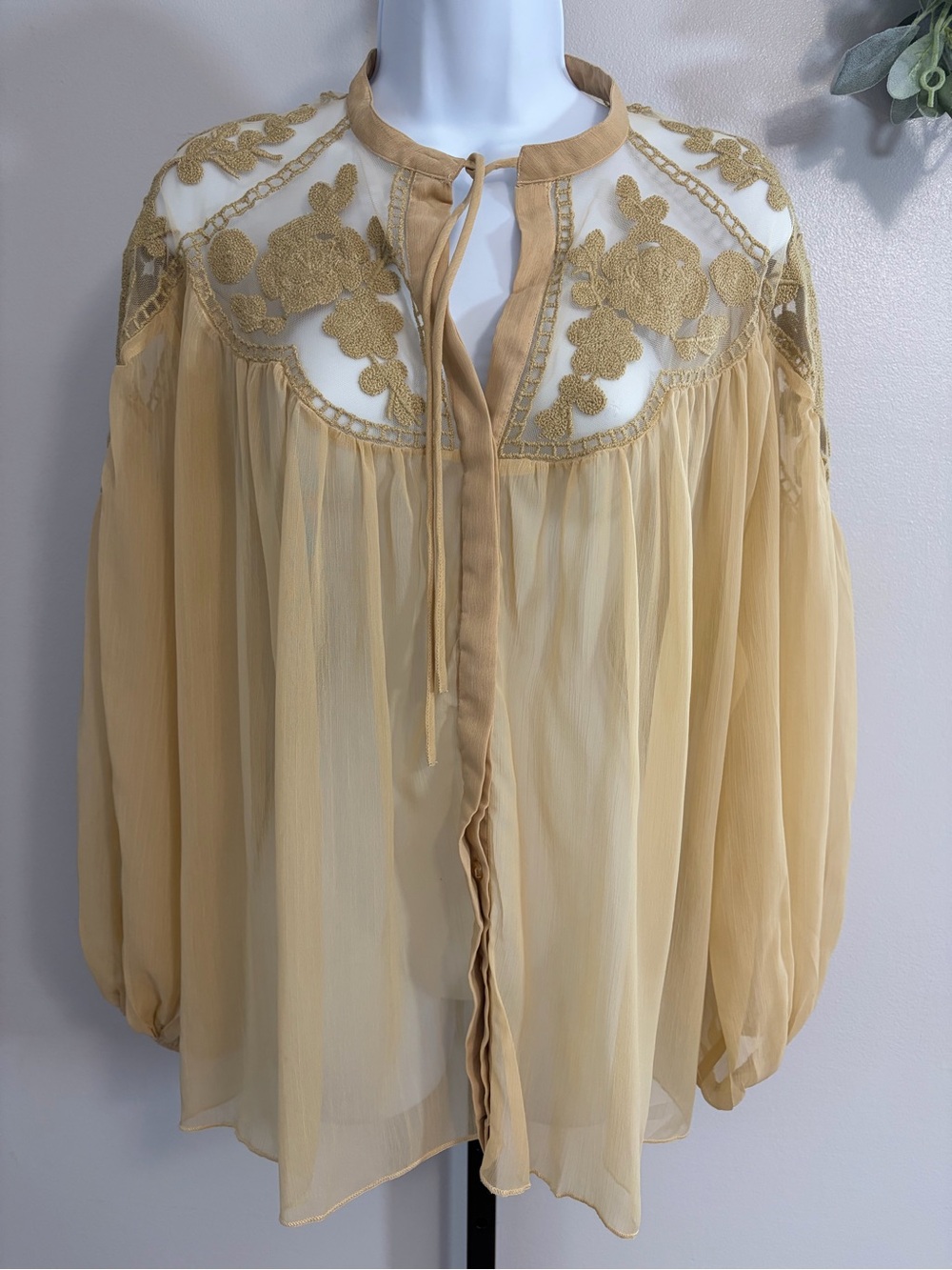 NWT Aratta Silent Journey- Tan Button Down Blouse with Embroidered Yoke
